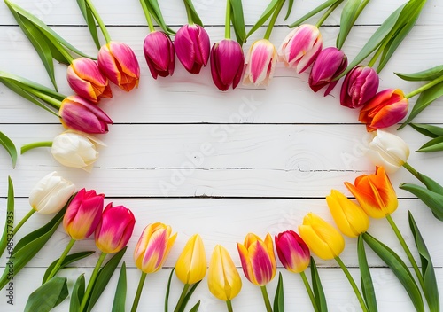 Colorful Tulips Heart Shape on White Wooden Background