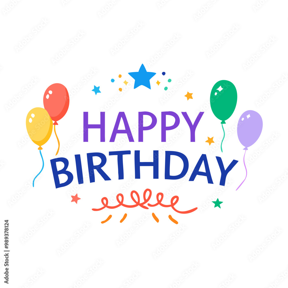 Happy Birthday greeting with colorful balloons and stars in flat design style Happy Birthday greeting with colorful balloons and stars in flat design style