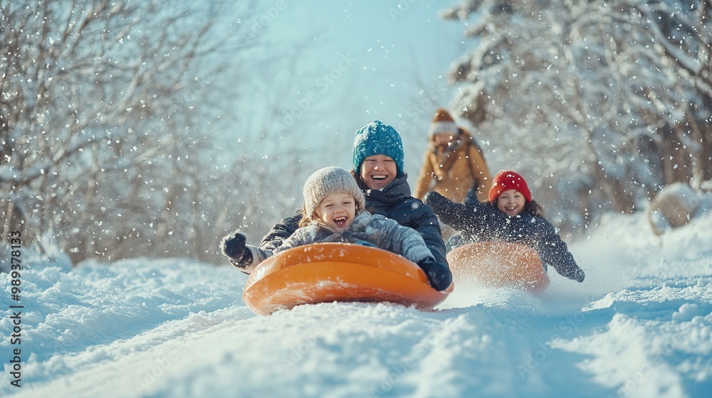 Family enjoying a thrilling day of sledding on a snowy hill during winter in a scenic outdoor landscape Family enjoying a thrilling day of sledding on a snowy hill during winter in a scenic outdoor landscape