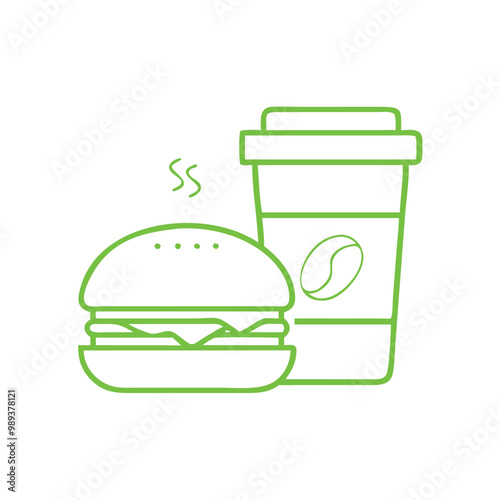 Green outline illustration of burger and coffee to-go in minimalist style