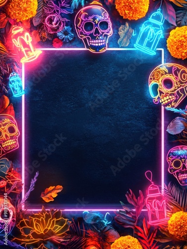 Colorful neon skulls and flowers creating a festive frame on a dark background.