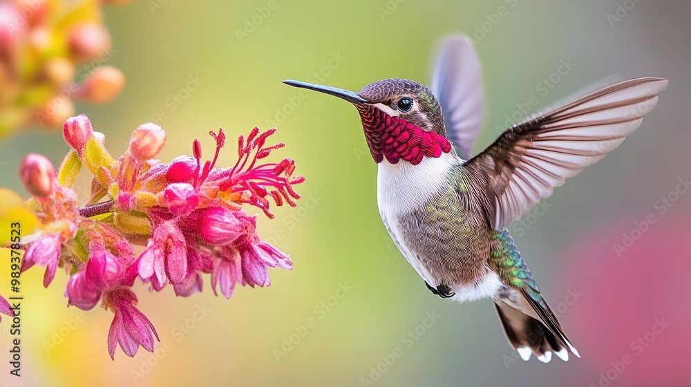 Naklejka premium Hummingbird in Flight Near Pink Flowers