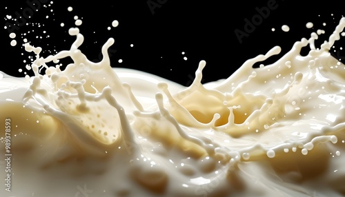 Dynamic splash of coffee and milk blending on dark backdrop