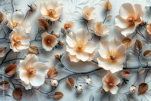 A vintage white chair with pale pink flowers, set in front of a white backdrop with a white abstract sculpture in the center.