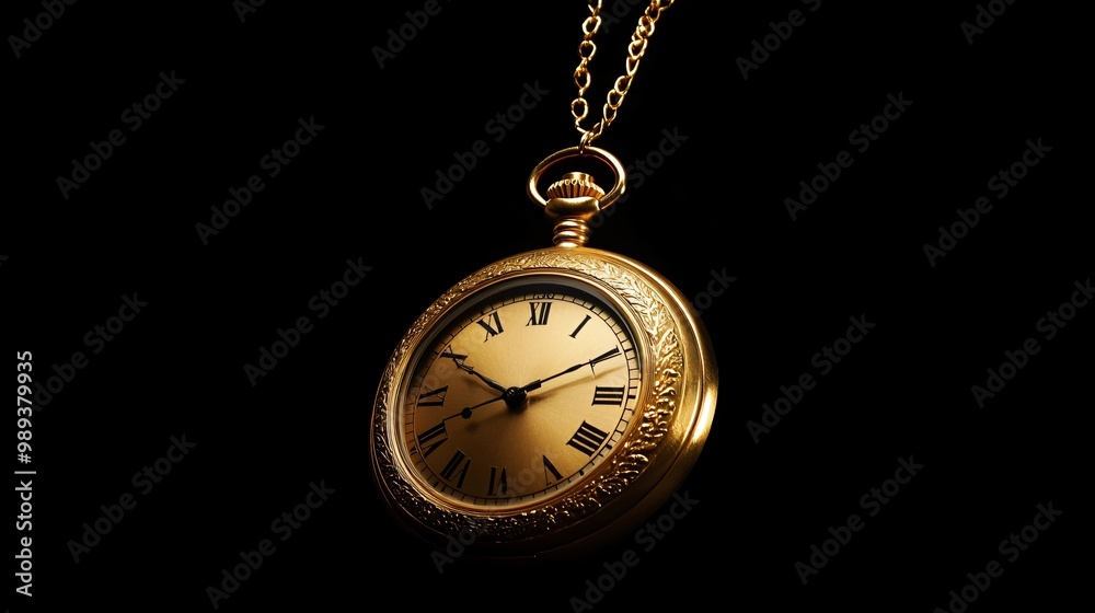 A golden pocket watch swinging gently, isolated on a matte black background to evoke a sense of hypnosis and time manipulation