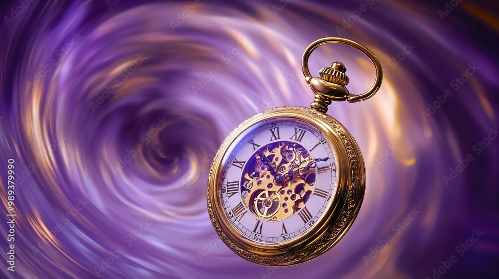 A golden pocket watch swinging in mid-air, set against a swirling purple vortex background for a hypnotic, time-bending vibe A golden pocket watch swinging in mid-air, set against a swirling purple vortex background for a hypnotic, time-bending vibe