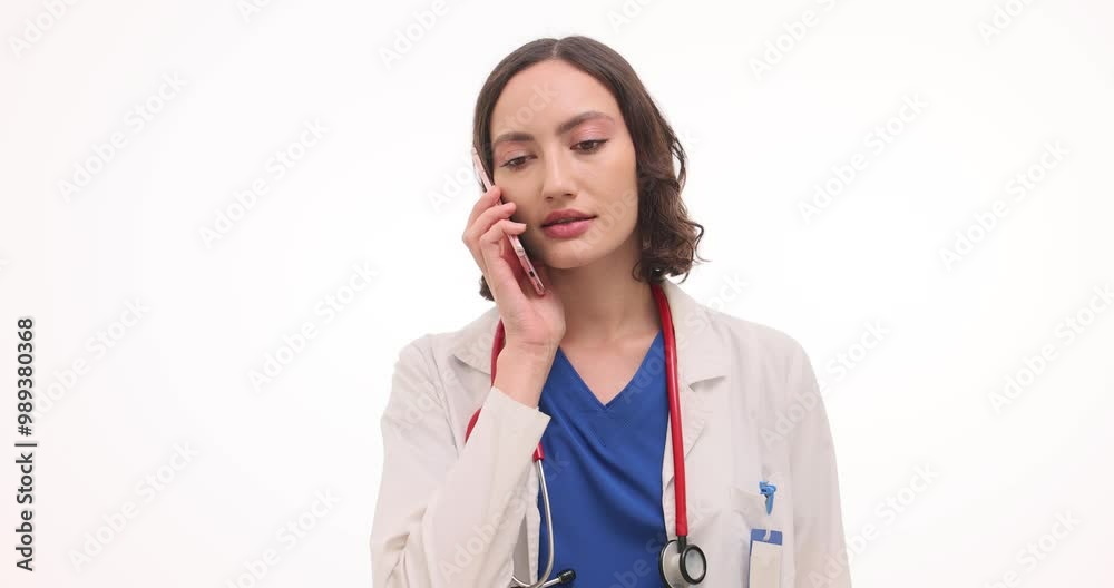 Woman doctor in uniform talks on phone with patient on white background. Female pediatrician with stethoscope engages in conversation at online appointment Woman doctor in uniform talks on phone with patient on white background. Female pediatrician with stethoscope engages in conversation at online appointment