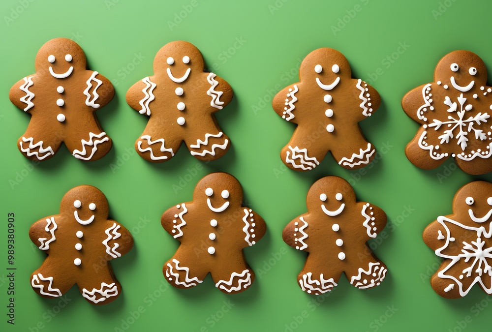 Cute Gingerbread Cookies on Green Background Cute Gingerbread Cookies on Green Background