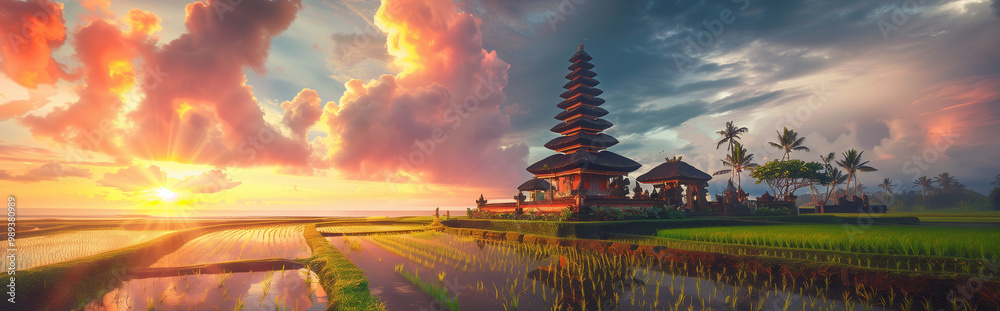 Balinese temple and rice fields surrounded by water with beautiful reflection on pink clouds sunset sky background Balinese temple and rice fields surrounded by water with beautiful reflection on pink clouds sunset sky background