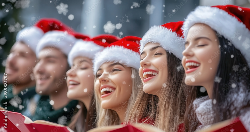 Joyful carolers singing Christmas songs in the snow, spreading holiday cheer, AI generated Joyful carolers singing Christmas songs in the snow, spreading holiday cheer, AI generated