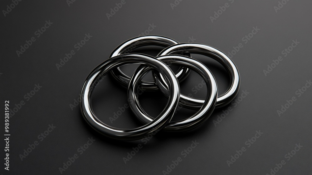 A set of metal rings linked together, isolated on a soft gradient black-and-grey background for a minimalist, clean magic trick display A set of metal rings linked together, isolated on a soft gradient black-and-grey background for a minimalist, clean magic trick display