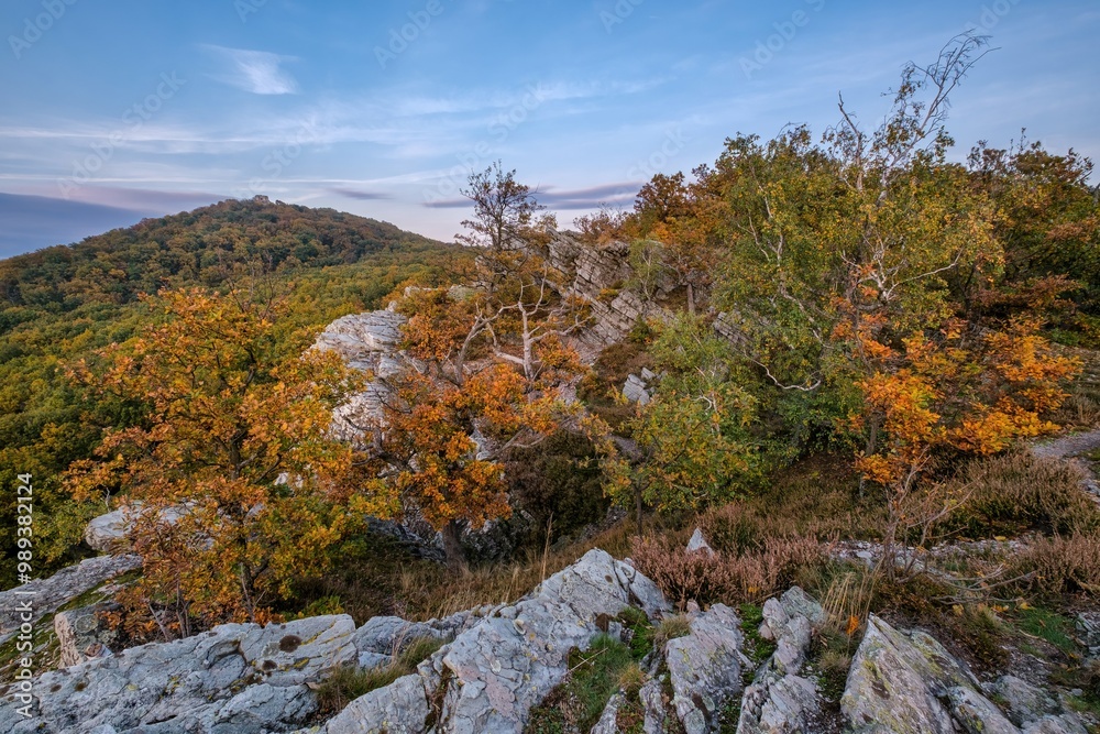 Beautiful quartz rocks in the embrace of colorful trees and hills. Autumn landscape, Slovakia, Tribec. Discover the beauty of the world. Beautiful quartz rocks in the embrace of colorful trees and hills. Autumn landscape, Slovakia, Tribec. Discover the beauty of the world.