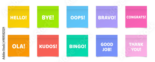 Good job, thank you, congrats. Bravo, bingo, bye. Oops, hello, ola, kudos. 3d vector illustration of a multicolored stickers with white text on it. Rainbow