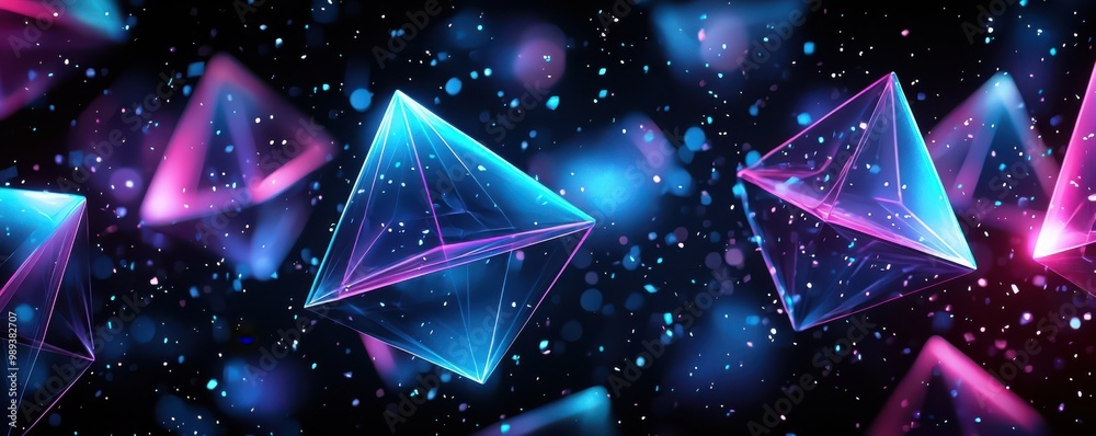 Futuristic geometric shapes with neon blue and purple hues on a black background creating a modern and abstract digital art piece Futuristic geometric shapes with neon blue and purple hues on a black background creating a modern and abstract digital art piece