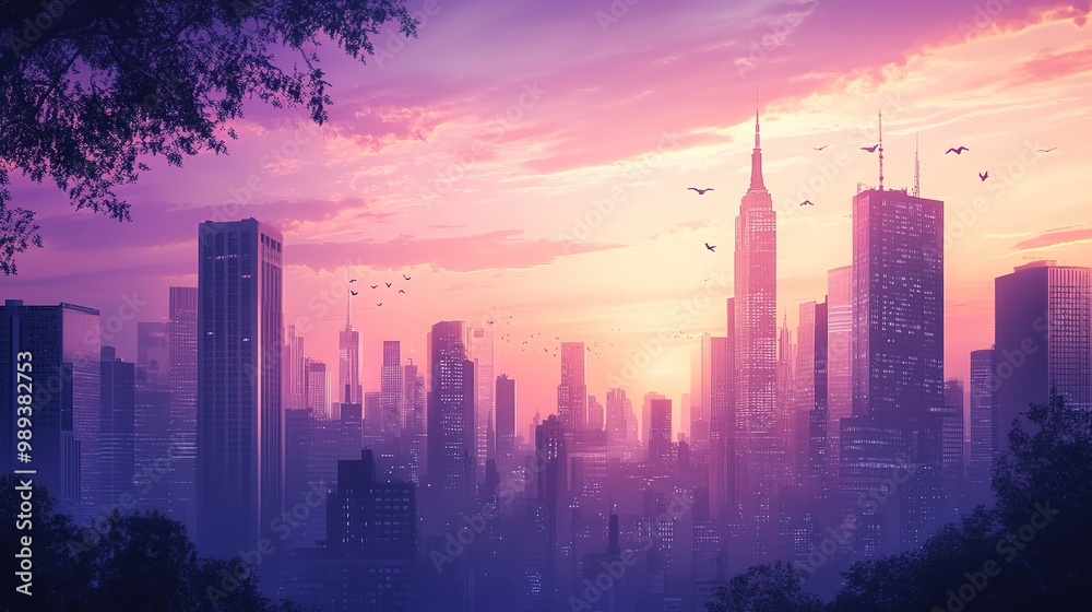 Fototapeta premium Stunning sunset over a vibrant city skyline showcasing towering buildings and colorful clouds at twilight