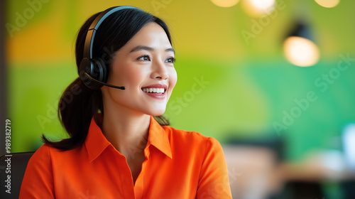  Asian Woman in a Vivid Orange Blouse Wearing a Headset, Smiling Warmly While Speaking to a Client in a Colorful, Contemporary Office with Green and Yellow Accents