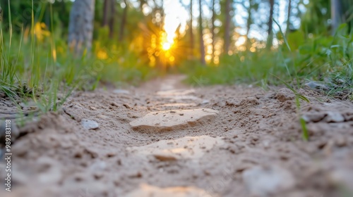 Sunlit Forest Path with Stones and Greenery - Tranquil Nature Scene Capturing the Beauty of a Woodland Trail at Sunset