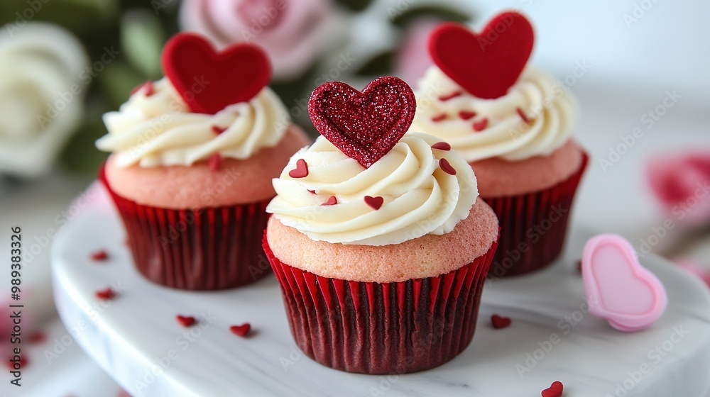 Deliciously decorated chocolate cupcakes with heart-shaped toppings in a cozy bakery setting Deliciously decorated chocolate cupcakes with heart-shaped toppings in a cozy bakery setting