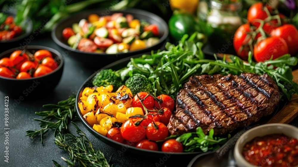 Grilled steak surrounded by fresh vegetables in a rustic setting. Grilled steak surrounded by fresh vegetables in a rustic setting.