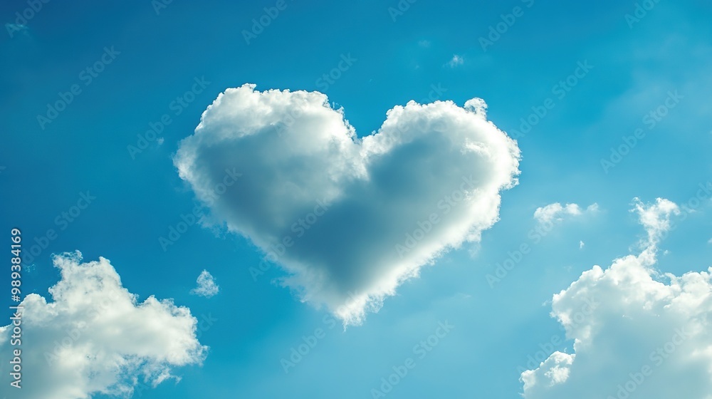 Heart-shaped cloud floating in a bright blue sky during daytime, creating a whimsical and uplifting atmosphere for onlookers Heart-shaped cloud floating in a bright blue sky during daytime, creating a whimsical and uplifting atmosphere for onlookers