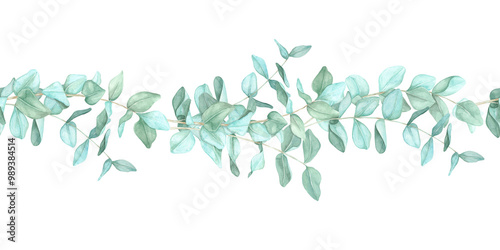 Eucalyptus branches with green leaves forming a simple horizontal border. Seamless border, watercolor clipart. Suitable for wedding invitations, social media graphics, or fabric trims