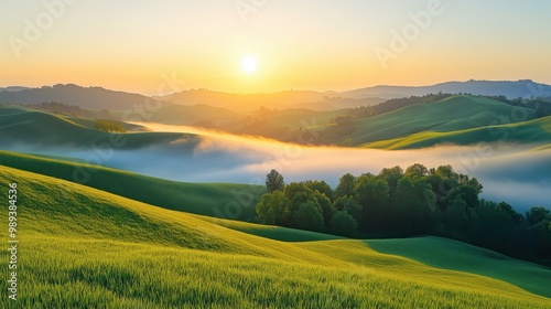 Stunning Sunrise Over Rolling Hills with Lush Green Grass and Misty Valleys, Capturing the Serene Beauty of Nature in a Tranquil Landscape, Perfect for Nature Lovers and Landscape Enthusiasts