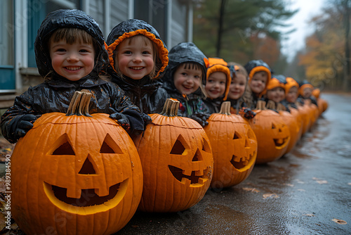 Kids in Halloween costumes with pumpkin-shaped baskets stand outside a door, eagerly waiting to collect candy and treats. 