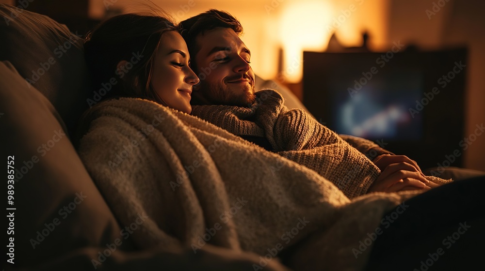 Fototapeta premium Young couple sharing an intimate moment on a cozy couch surrounded by soft lighting in a warmly decorated room