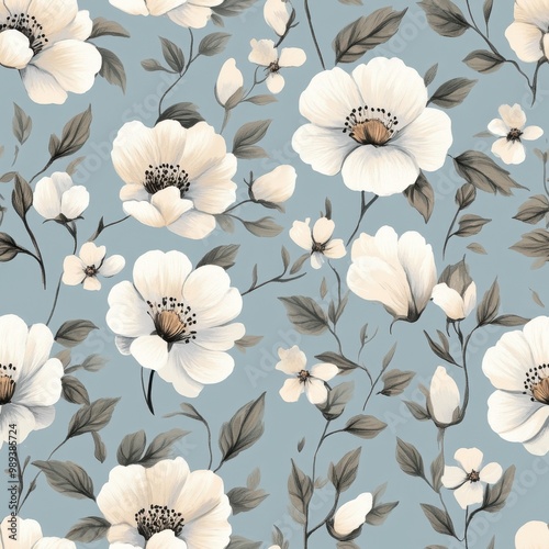 flat pattern of vintage flowers in muted colors on a blue background