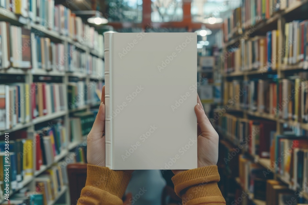 A person is holding a white book in a library, generative ai image A person is holding a white book in a library, generative ai image
