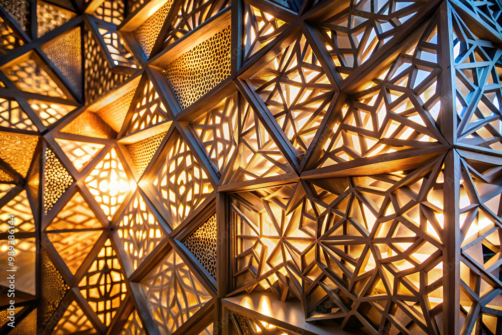 Fototapeta premium A large, intricate design made of wood with many small holes. The design is illuminated by light, creating a warm and inviting atmosphere. Scene is one of elegance and sophistication