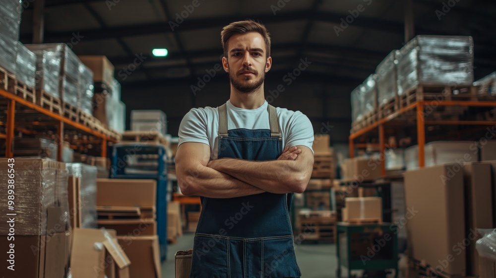 Obraz premium delivery express service staff a man with confidence smiling at warehouse full of parcels boxes