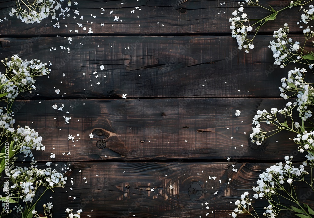 Fototapeta premium Dark Wooden Background with White Flowers Border