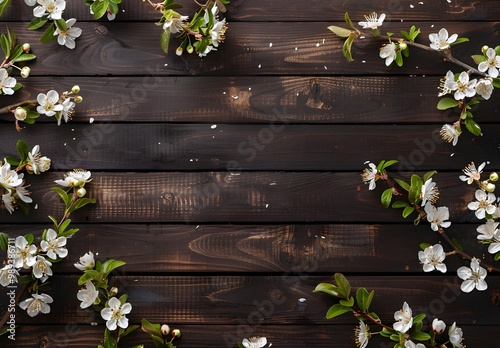 White Flowers Border Dark Brown Wood Background
