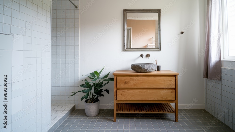 Fototapeta premium Wooden vanity with stone round vessel sink and mirror in frame on white wall. Interior design of modern scandinavian bathroom.