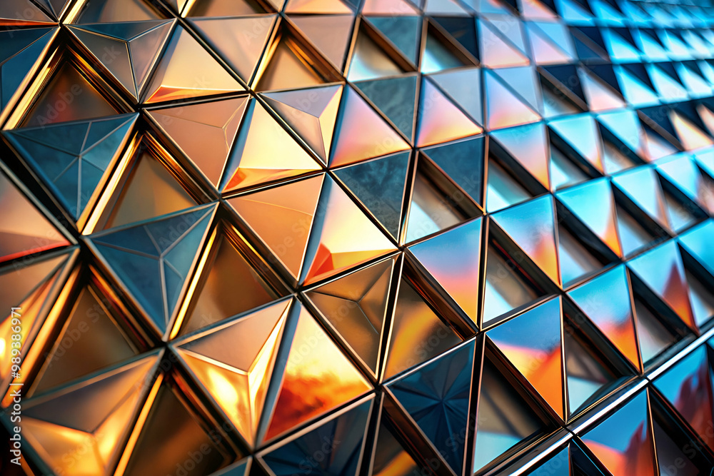 A pattern of triangles is reflected in a window. The triangles are gold and blue A pattern of triangles is reflected in a window. The triangles are gold and blue