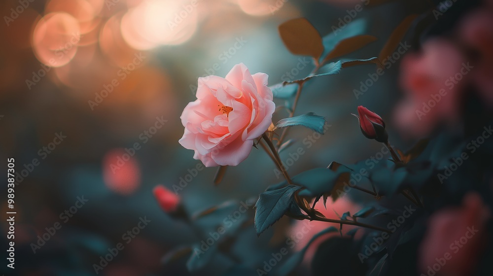 Obraz premium pink rose flower blossoming with twilight light, serene and tranquil nature background