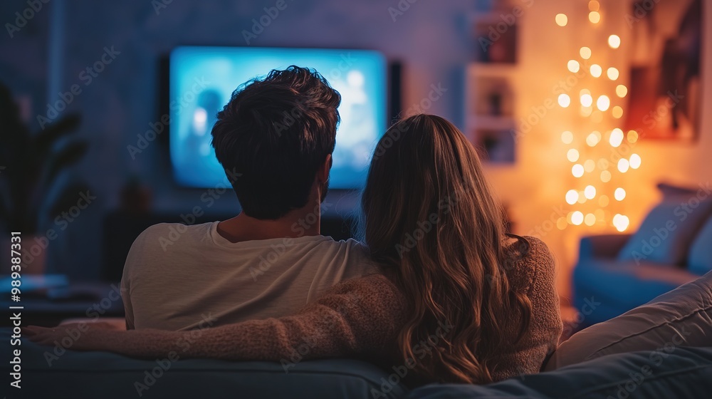 Naklejka premium Couple enjoying a cozy movie night together in a softly lit living room with warm colors on screen and a romantic ambiance