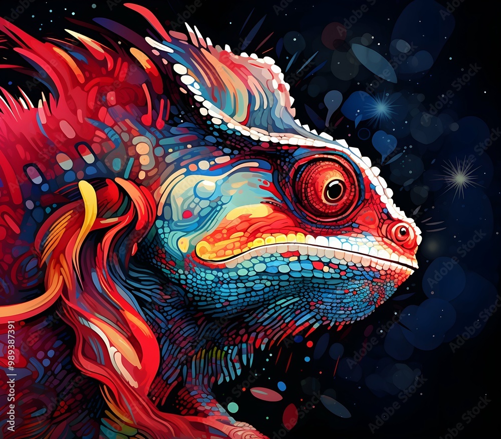 an abstract drawing of a away view for Chameleon with colorful line with mixed pattern colorful background an abstract drawing of a away view for Chameleon with colorful line with mixed pattern colorful background