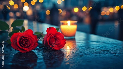 Two vibrant red roses rest on a table near a softly flickering candle, creating a warm ambiance at a romantic outdoor gathering illuminated by glowing lights.
