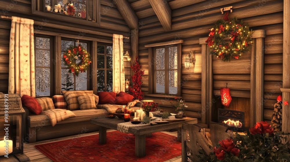 Cozy rustic bedroom with twinkling lights and a crackling fireplace during a serene evening Cozy rustic bedroom with twinkling lights and a crackling fireplace during a serene evening
