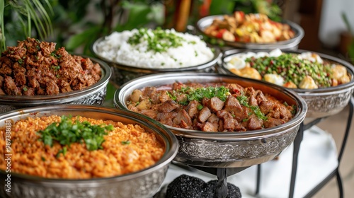 various type of Thai food menu serve as buffet in metal tray for banquet