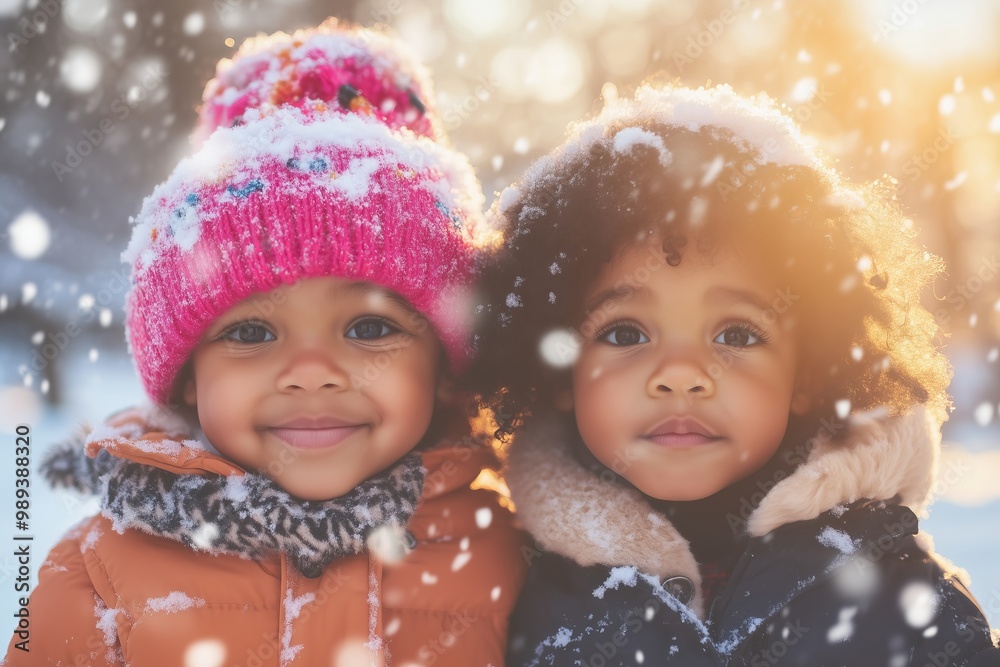 two black toddlers wearing modern warm winter clothes snowing, snowy winter forest in the background two black toddlers wearing modern warm winter clothes snowing, snowy winter forest in the background