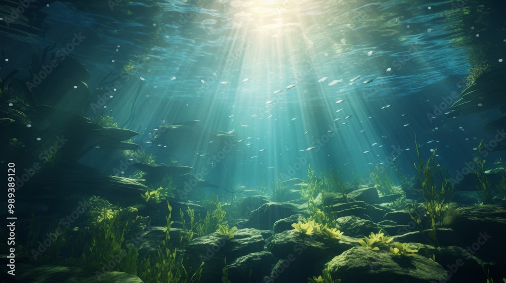 Underwater scene of plastic pollution and microplastics endangering marine life and ecosystems Underwater scene of plastic pollution and microplastics endangering marine life and ecosystems