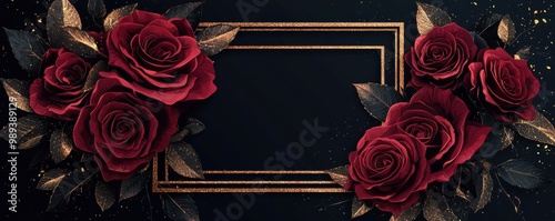 Elegant burgundy rose and gold frame on dark background with floral decorations #989389129