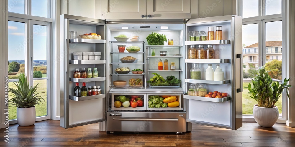 A Well-Stocked Stainless Steel Refrigerator in a Modern Kitchen with a View, kitchen appliance, kitchen design A Well-Stocked Stainless Steel Refrigerator in a Modern Kitchen with a View, kitchen appliance, kitchen design