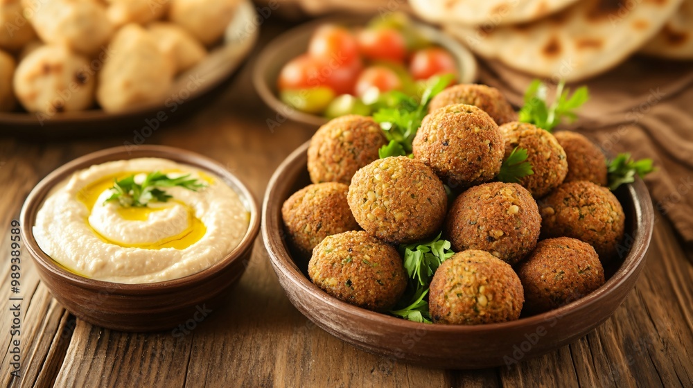 Close-up of falafel with hummus and pita bread on a rustic wooden table. Close-up of falafel with hummus and pita bread on a rustic wooden table.