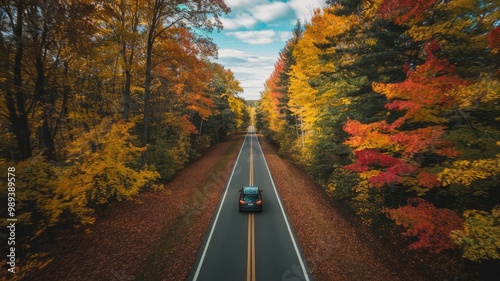 A drone aerial shot of a car driving on a beautiful forest road in New England during autumn. The trees are covered with vibrant shades of orange, yellow, and red. The road is surrounded by dense fore