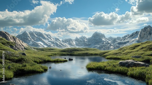 A tranquil mountain landscape with lush greenery and a reflective lake under a bright blue sky