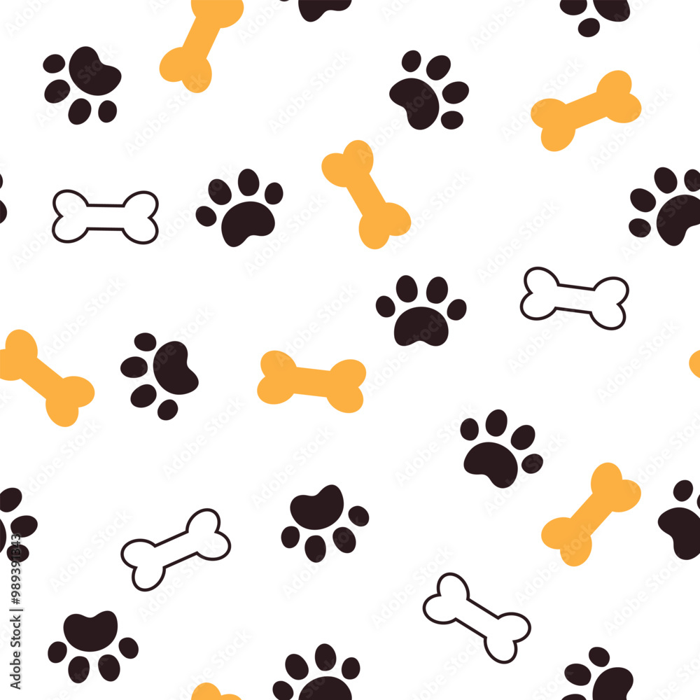Fototapeta premium Pet paw footprint seamless pattern. Dog paw print and bone on white background. It can be used for wallpapers, wrapping, cards, patterns for clothes and other.